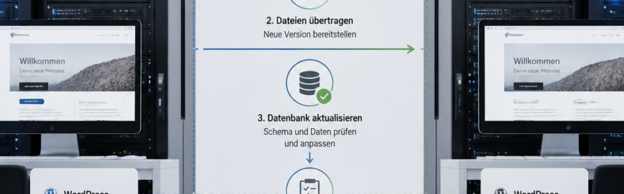 Schematische Darstellung der sicheren Übertragung einer WordPress-Staging-Umgebung auf die Live-Website