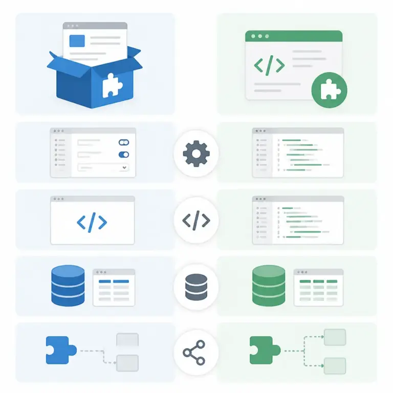 Infografik zu den Grundlagen von Standard Plugins und Eigenentwicklungen in WordPress