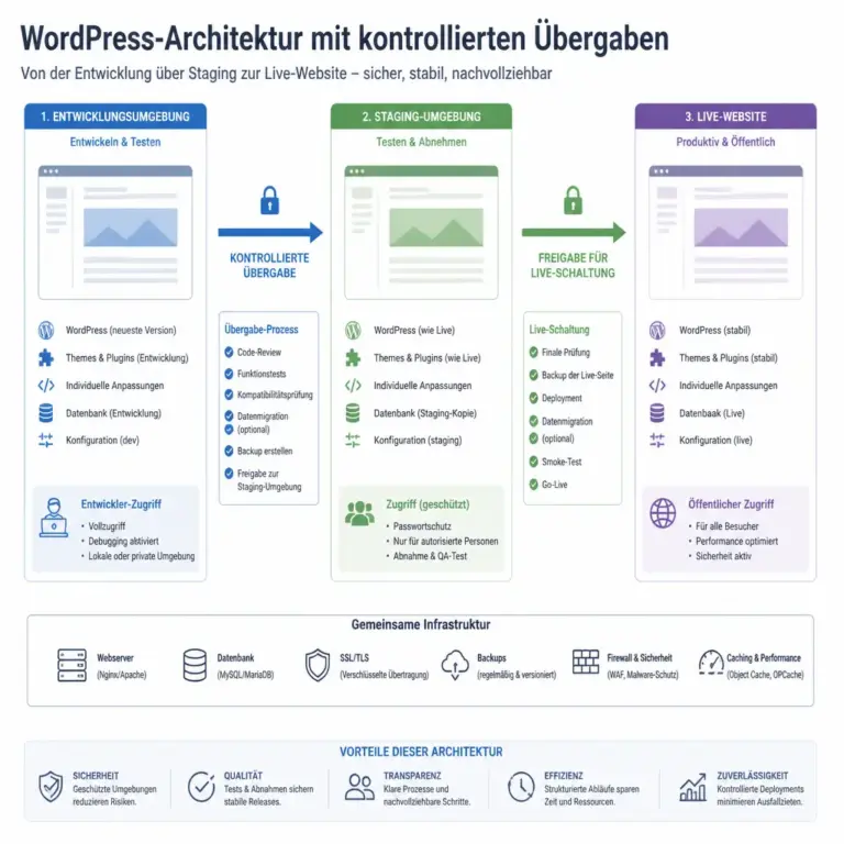 Architektur mit Entwicklungsumgebung, Staging und Live-Website bei WordPress