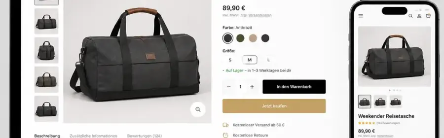 Responsiver WooCommerce-Shop mit angepasster Produktdetailseite auf Desktop und Smartphone