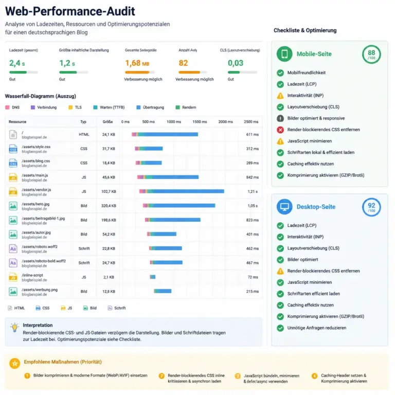 Wasserfallanalyse und Checkliste zur Messung der WordPress Ladezeit