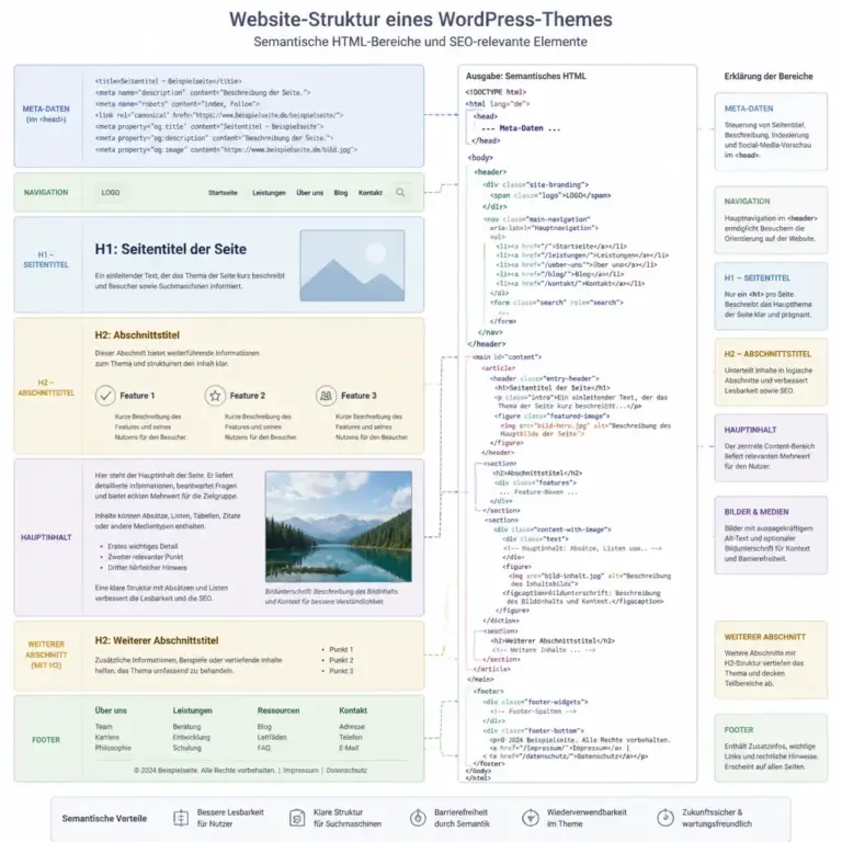 Semantische HTML-Struktur eines WordPress-Themes mit u00dcberschriften und Inhaltsbereichen