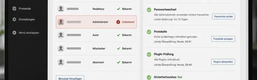 Anonymisierte WordPress-Benutzerverwaltung mit markiertem unbekanntem Administrator und Sicherheitscheckliste