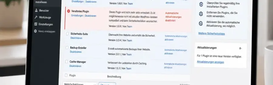 WordPress-Plugin-Liste mit Hinweis auf eine veraltete Erweiterung und notwendige Wartung
