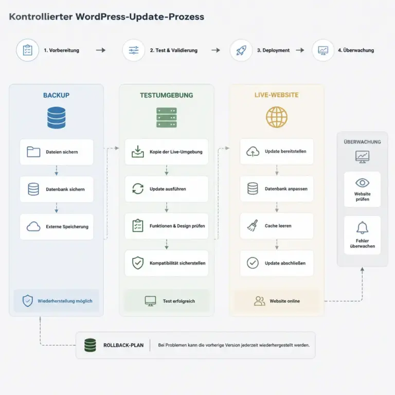 Kontrollierter Ablauf fu00fcr WordPress-Updates mit Backup, Testumgebung und Live-Website