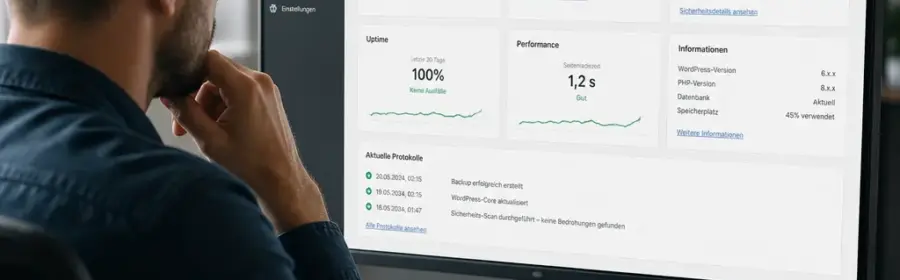 Übersicht einer professionell organisierten WordPress-Wartung mit Updates, Backups und Sicherheitskontrollen