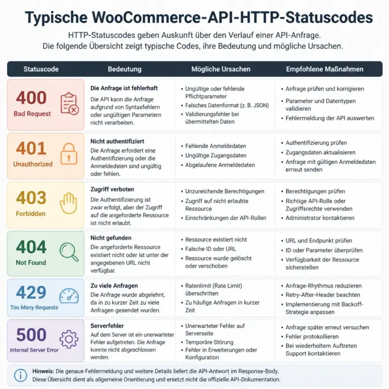 u00dcbersicht typischer HTTP-Statuscodes bei WooCommerce API Problemen