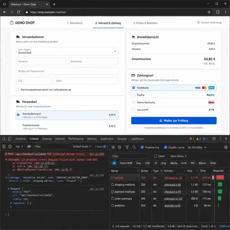 Browser-Entwicklertools zeigen eine fehlgeschlagene AJAX-Anfrage im WooCommerce Checkout