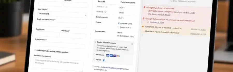 Analyse eines fehlerhaften WooCommerce Checkouts mit Kassenansicht und anonymisierten technischen Fehlermeldungen