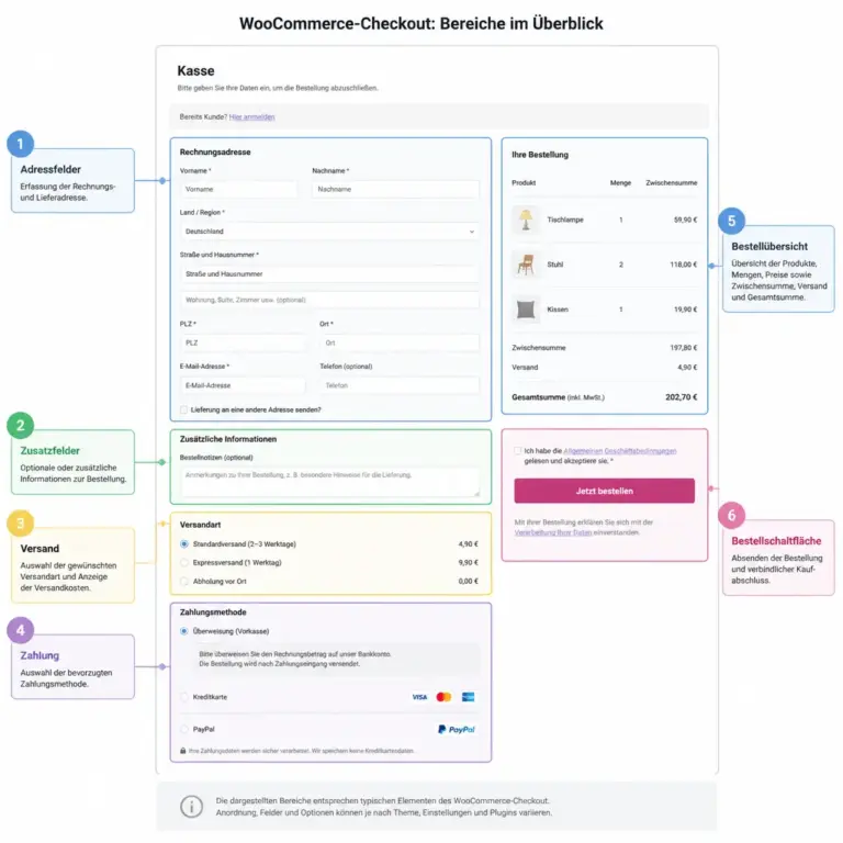 Markierte Bereiche eines individuell anpassbaren WooCommerce-Checkouts