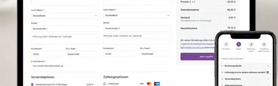Übersichtlicher WooCommerce-Checkout auf Laptop und Smartphone