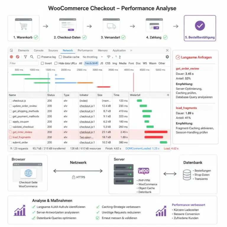 Analyse von Ladezeiten und Netzwerkanfragen im WooCommerce-Checkout