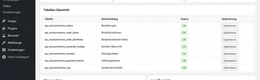 Analyse und Optimierung einer WooCommerce-Datenbank mit Tabellen, Logs und Backup-Hinweisen