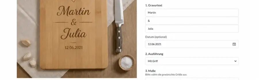 WooCommerce-Produktseite mit individuellen Feldern für Personalisierung und Produktoptionen
