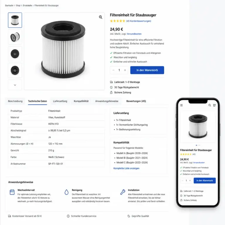 Strukturierte WooCommerce-Produktseite mit technischen Produktinformationen