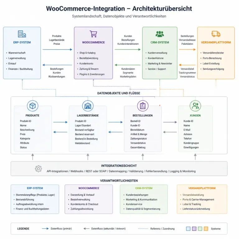 Architekturdiagramm mit Datenflu00fcssen zwischen WooCommerce und verbundenen Geschu00e4ftssystemen
