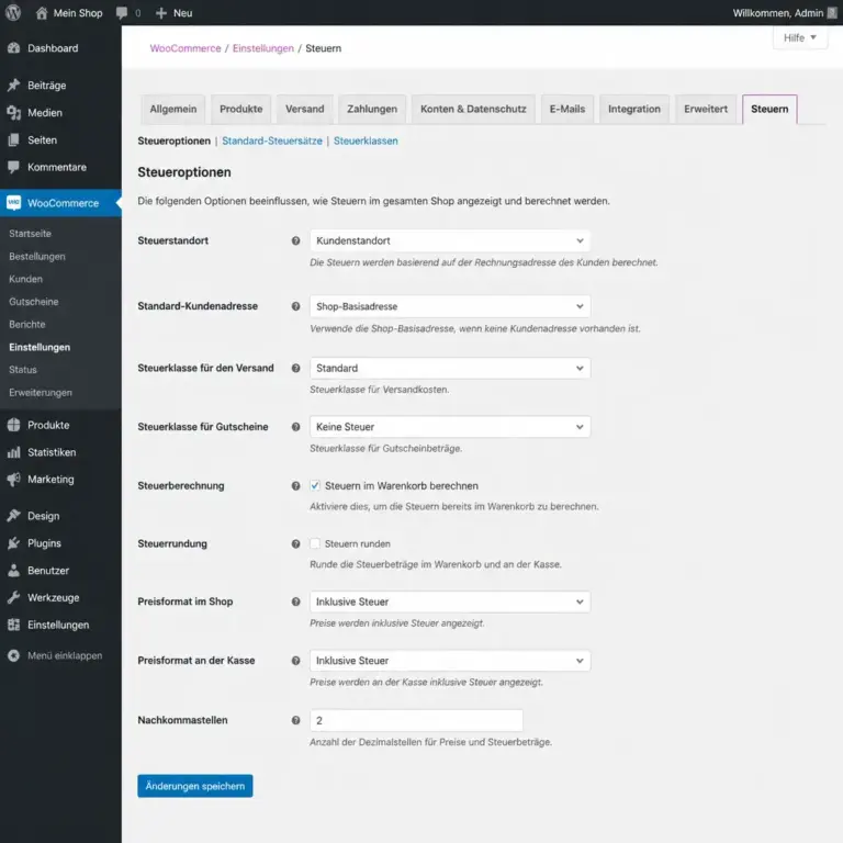 u00dcbersicht der wichtigsten WooCommerce-Einstellungen fu00fcr Steuerstandort und Steuerklasse