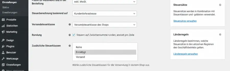 WooCommerce Steueroptionen mit Steuerklassen und Länderregeln im Administrationsbereich