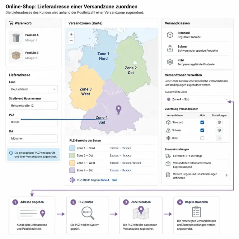 Zusammenhang zwischen Lieferadresse, Versandzone und Versandklasse in WooCommerce