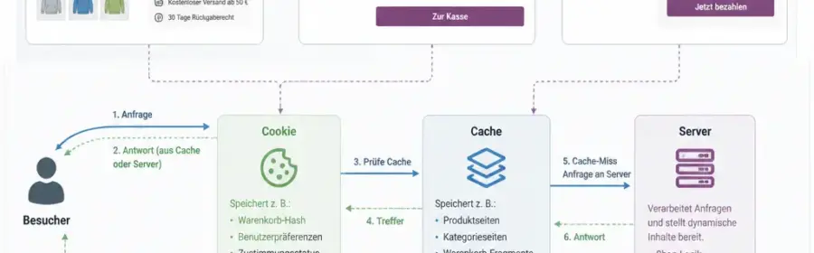 Technische Darstellung eines WooCommerce-Warenkorbs mit Cookie-, Cache- und Serververbindungen