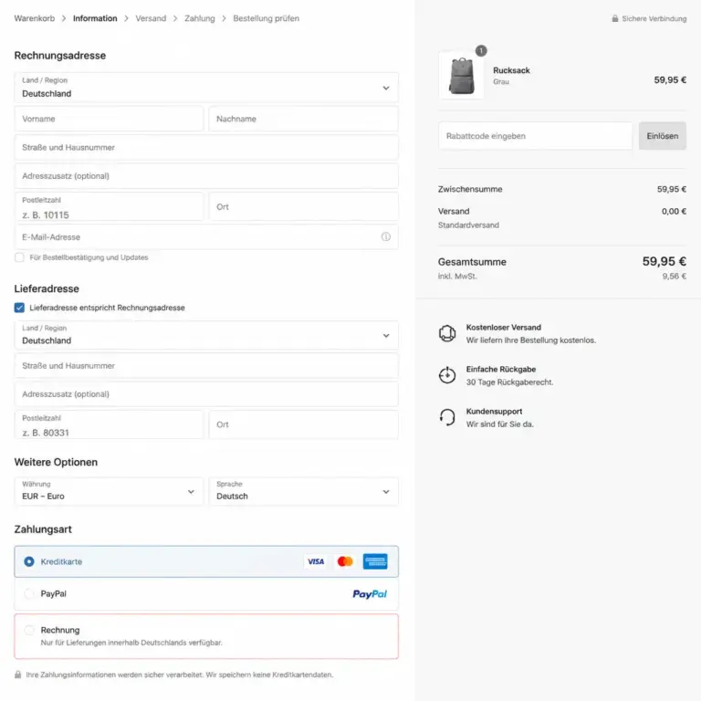 Checkout mit Lu00e4nder-, Wu00e4hrungs- und Adresseinstellungen fu00fcr Zahlungsarten