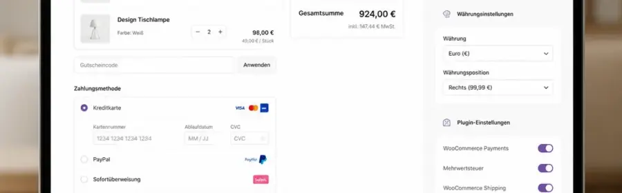 WooCommerce Checkout mit sichtbaren Zahlungsarten und Konfigurationshinweisen