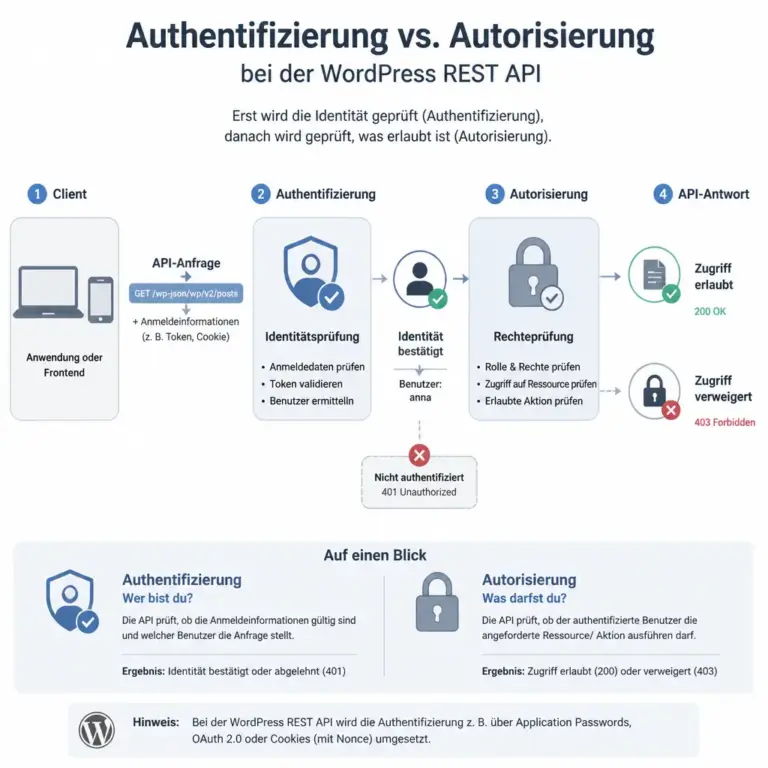 Infografik zum Unterschied zwischen Authentifizierung und Autorisierung bei der WordPress REST API