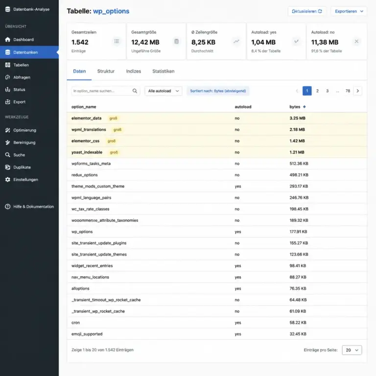 Anonymisierte u00dcbersicht von Autoload-Eintru00e4gen in der WordPress-Tabelle wp_options