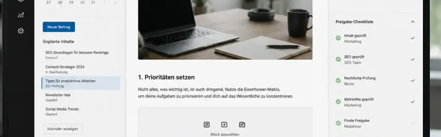 Strukturierter Workflow für automatische Blog Erstellung in WordPress mit Themenplan, Entwurf und Freigabeprüfung