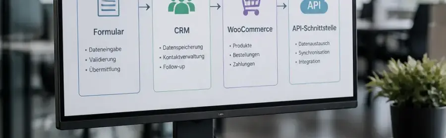 Übersicht eines automatisierten WordPress-Prozesses zwischen Formular, CRM und externen Systemen