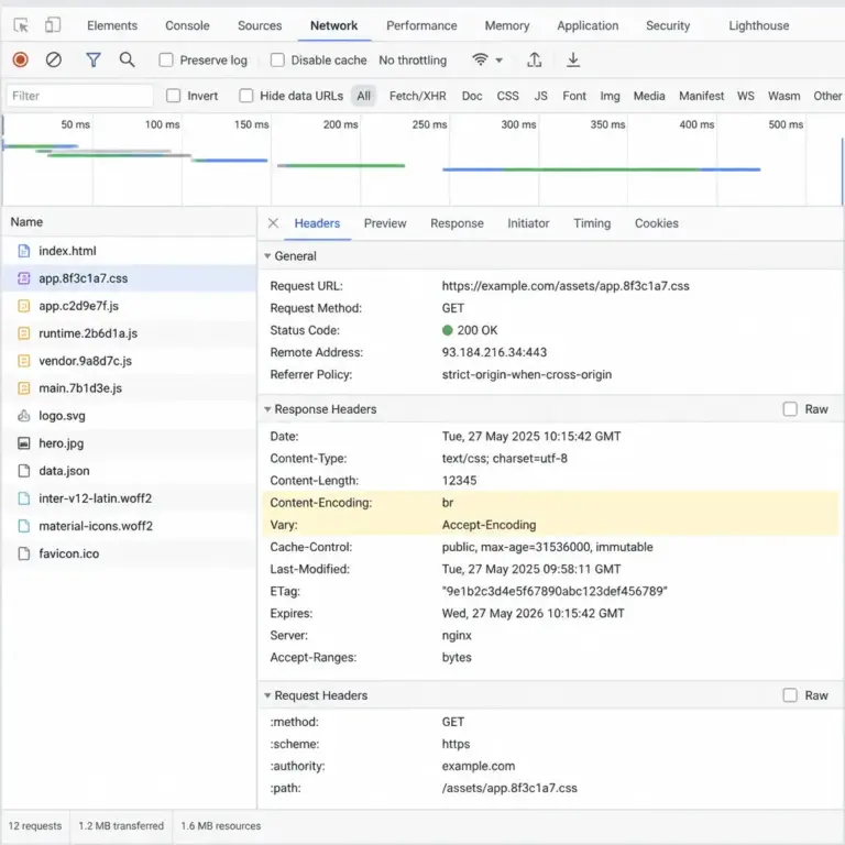 Pru00fcfung der Brotli-Kompression in den Antwort-Headern des Browsers