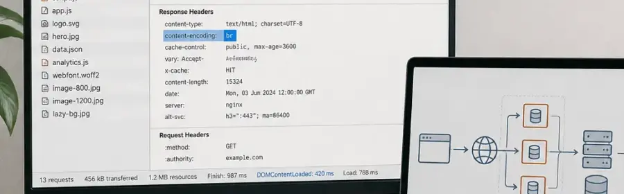 Browser-Netzwerkansicht mit Brotli-Header und schematischer WordPress-Auslieferung