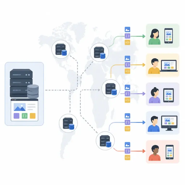 Funktionsweise eines CDN mit Ursprungsserver, verteilten Cache-Knoten und Website-Besuchern