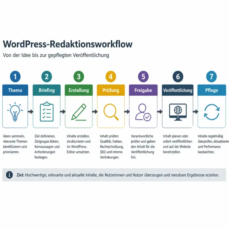 Prozessgrafik fu00fcr einen WordPress-Redaktionsworkflow von der Planung bis zur Pflege