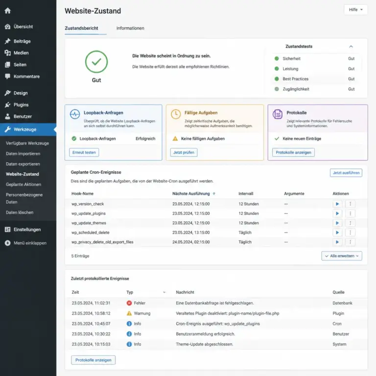 WordPress-Diagnose mit Website-Zustand und geplanten Cron-Ereignissen