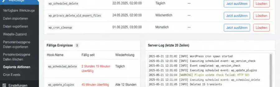 Übersicht geplanter WordPress-Cron-Ereignisse mit fälligen und ausgeführten Aufgaben