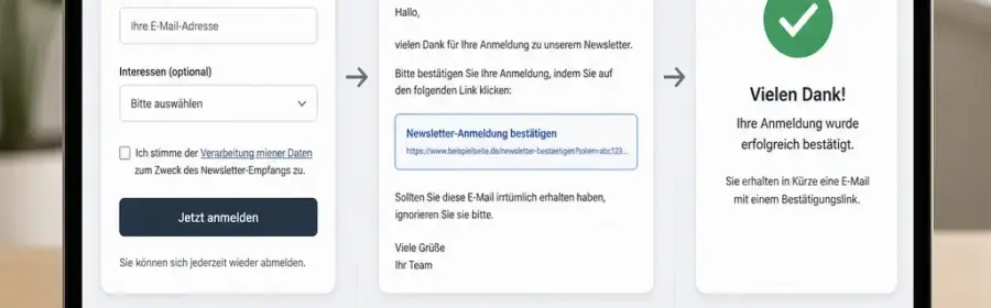 Schematische Darstellung eines Double-Opt-in-Prozesses mit WordPress-Formular, Bestätigungs-E-Mail und bestätigter Anmeldung