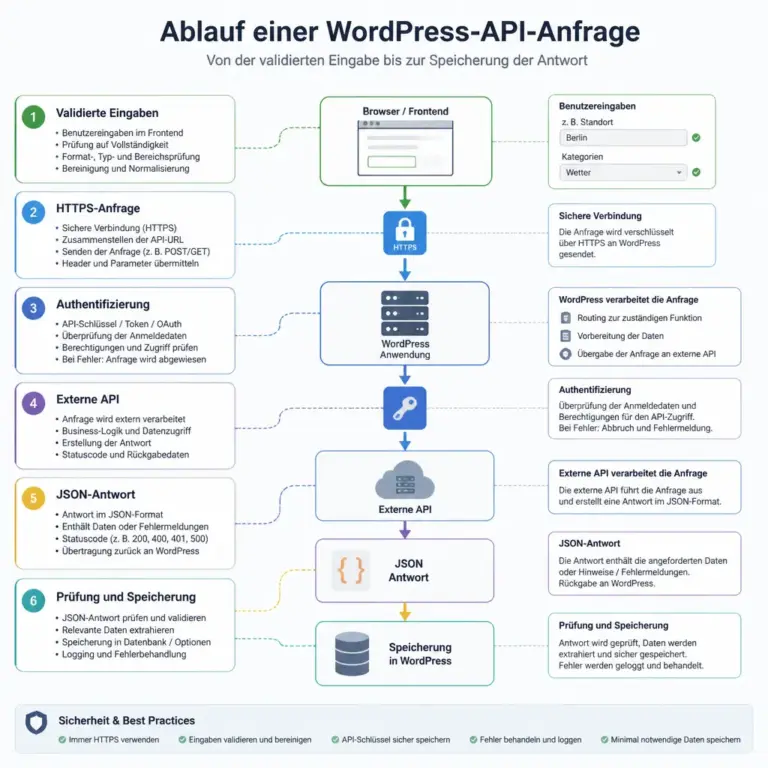 Ablauf einer API-Anfrage zwischen WordPress und einem externen Dienst