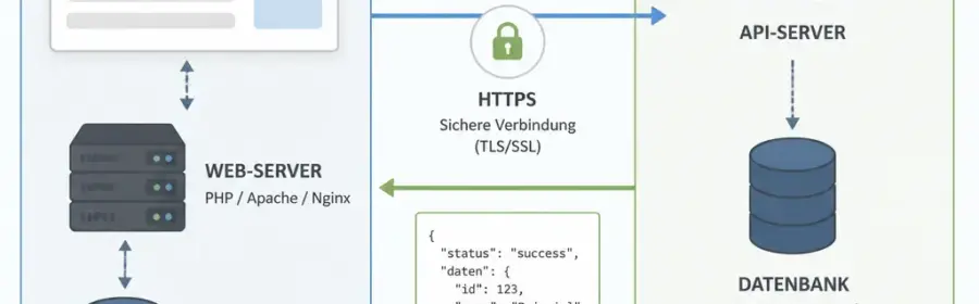 Schematische Darstellung einer sicheren externen API-Anbindung an WordPress