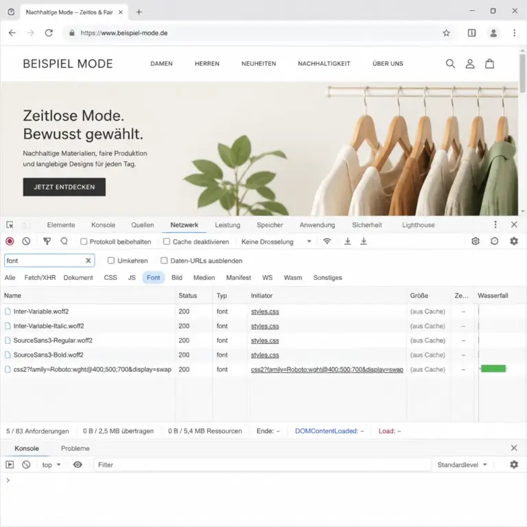 Netzwerkpru00fcfung von lokalen und externen Font-Anfragen einer WordPress-Website