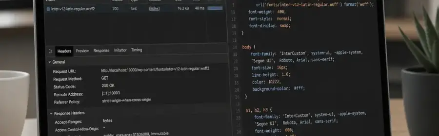 Lokale WOFF2-Schriftdatei und @font-face-Regel in den WordPress-Entwicklertools