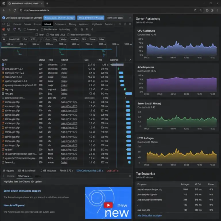 Analyse von Backend-Anfragen und Serverauslastung vor der Optimierung der WordPress Heartbeat API