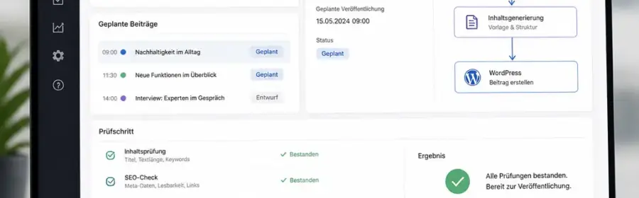 Übersicht eines automatisierten WordPress-Workflows mit Redaktionskalender und Prüfschritt