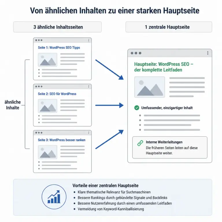 Infografik zu u00fcberlappenden WordPress-Inhalten und einer zentralen Hauptseite.