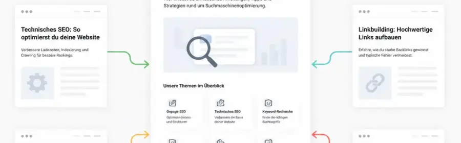 Schematische Darstellung, wie ähnliche WordPress-Seiten zu einer klaren Hauptseite zusammengeführt werden.