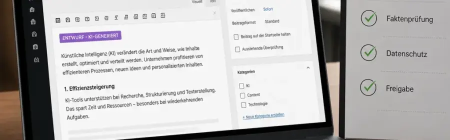 WordPress-Redaktion prüft einen automatisch erstellten KI-Inhaltsentwurf vor der Veröffentlichung