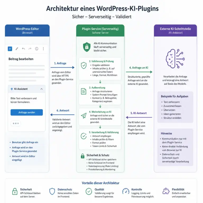 Architektur eines WordPress KI Plugins mit Editor, Service-Schicht und KI-Schnittstelle