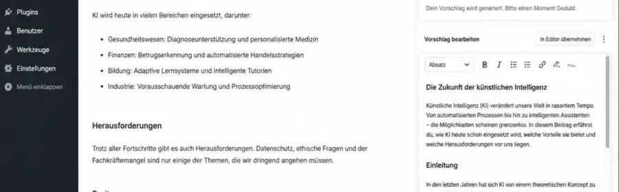 KI-Plugin-Oberfläche im WordPress-Editor mit bearbeitbarem Inhaltsvorschlag