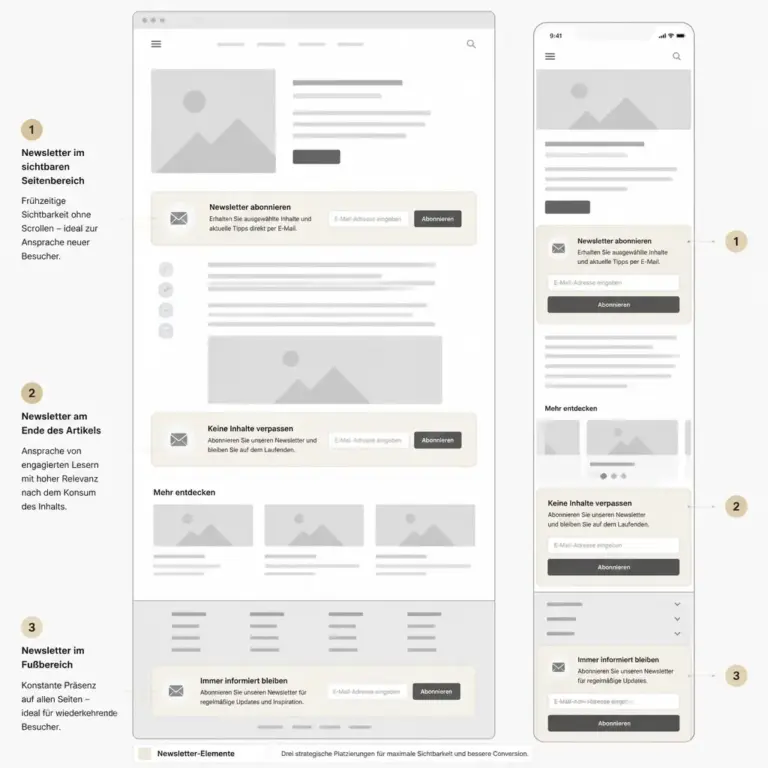 Mu00f6gliche Platzierungen fu00fcr ein Newsletter-Formular auf einer responsiven WordPress-Seite