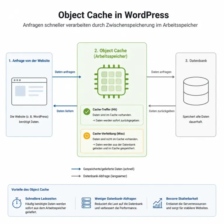 Schematische Funktionsweise eines WordPress Object Cache zwischen Website und Datenbank